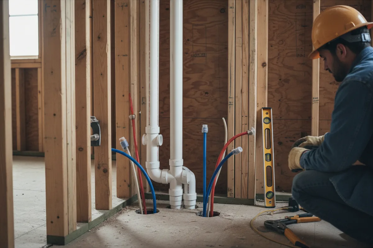 Drain and supply rough-in during Sump Pump Repair in Merrimack