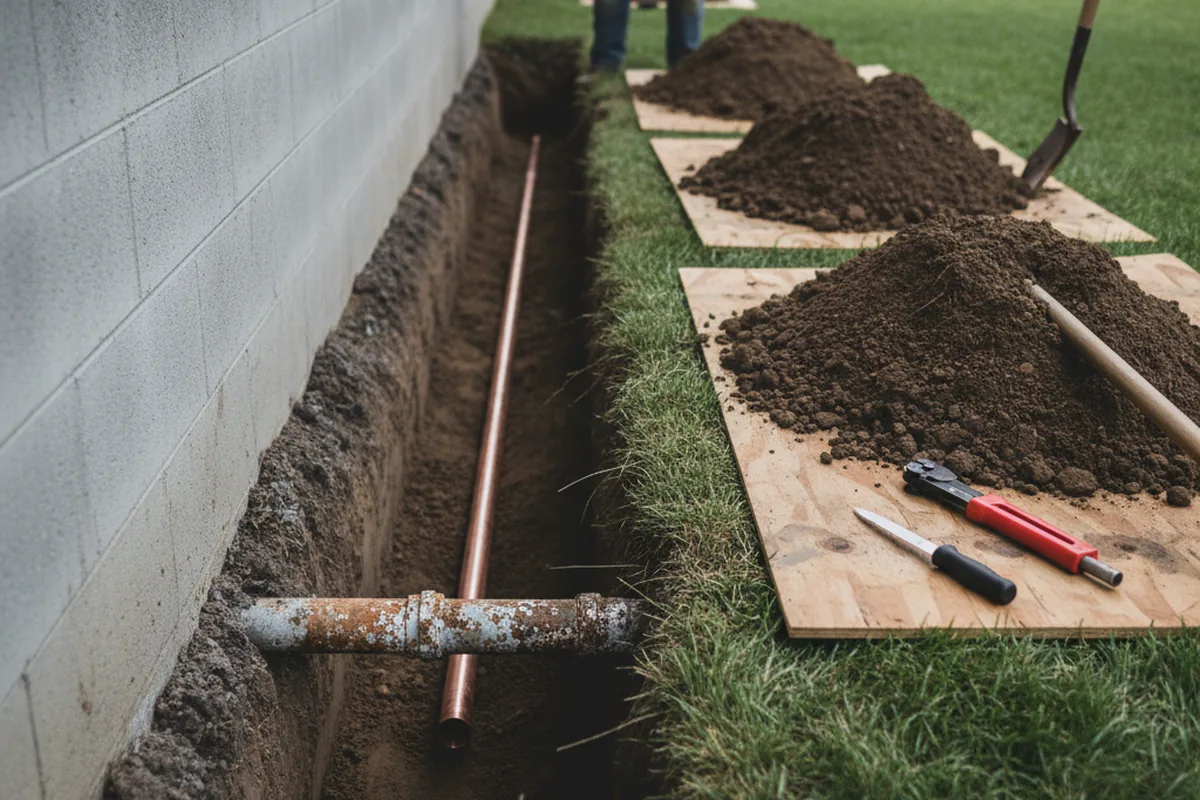 Excavated water line trench during Water Softener Installation in Merrimack